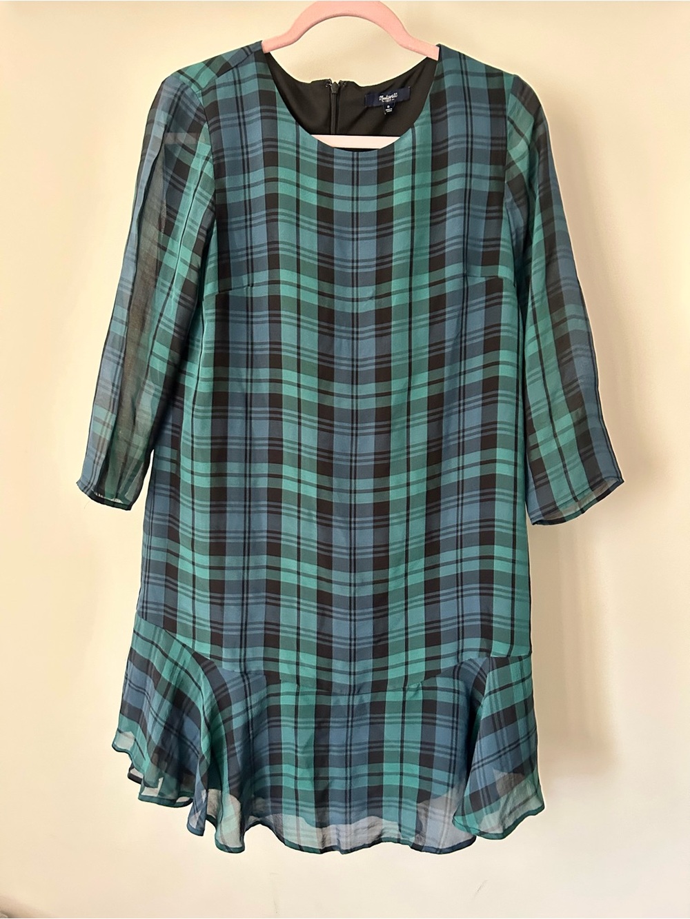 Madewell Green & Black Silk Plaid Ruffle-Hem Mini Dress